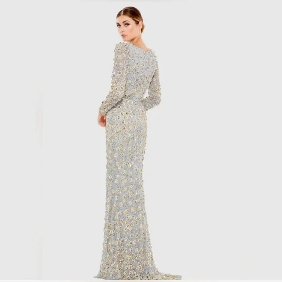 Mac Duggal 5437 Silver Embellished Long Sleeve High Neck Gown - Platinum Gold 10